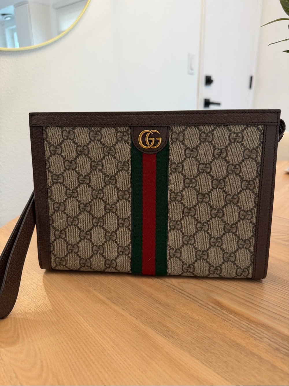 Gucci Brown GG Supreme Pouch with Green and Red Web